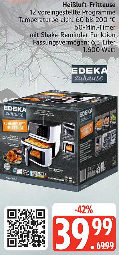 EDEKA Zuhause XL Heißluft-Fritteuse mit 12 Programmen, 6,5 Liter