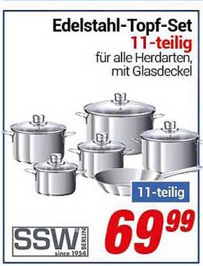 Edelstahl-Topf-Set 11-teilig für alle Herdarten, mit Glasdeckel