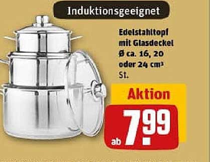 Edelstahltopf mit Glasdeckel Ø ca. 16, 20 oder 24 cm