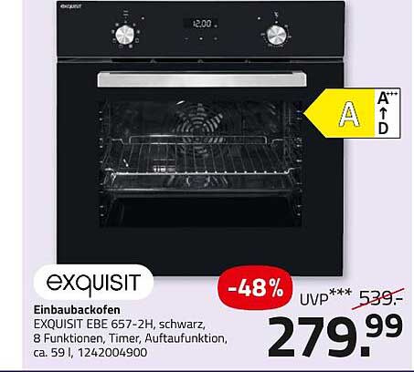 Einbaubackofen EXQUISIT EBE 657-2H, schwarz, 8 Funktionen
