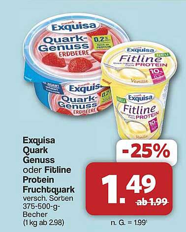Exquisa Quark Genuss oder Fitline Protein Fruchtquark 375-500 g - Verschiedene Sorten