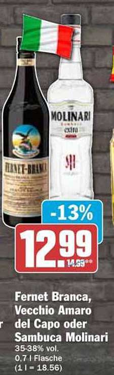 Fernet Branca, Vecchio Amaro del Capo oder Sambuca Molinari 0,7 l Flasche