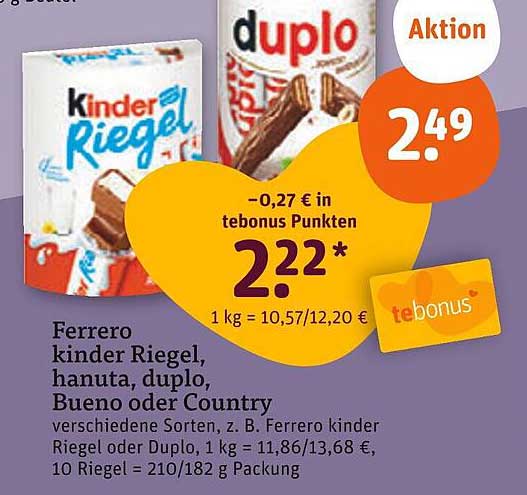 Ferrero Kinder Riegel, hanuta, duplo, Bueno oder Country