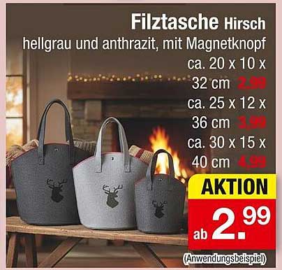 Filztasche Hirsch hellgrau und anthrazit, mit Magnetknopf