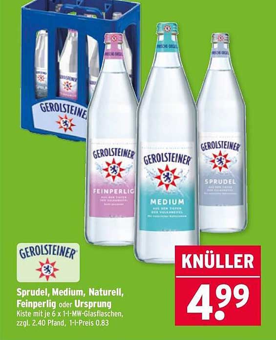 Gerolsteiner Sprudel, Medium, Naturell, Feinerperlig oder Ursprung - 6 x 1l MW-Glasflaschen