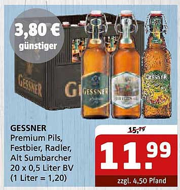 GESSNER Premium Pils, Festbier, Radler, Alt Sumbarcher 20 x 0,5 Liter BV
