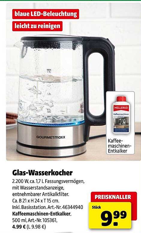 Glas-Wasserkocher mit blauem LED-Licht und Antikalkfilter