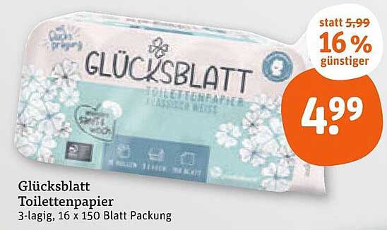 Glücksblatt Toilettenpapier 3-lagig, 16 x 150 Blatt Packung