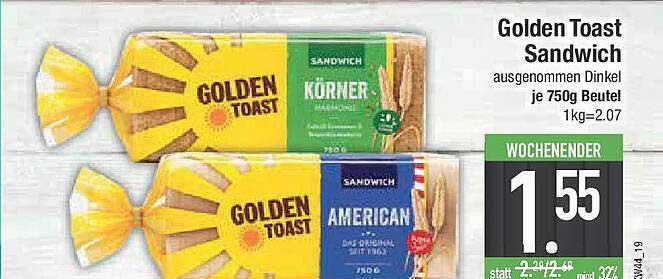 Golden Toast Sandwich – ausgesondert Dinkel 750g Beutel