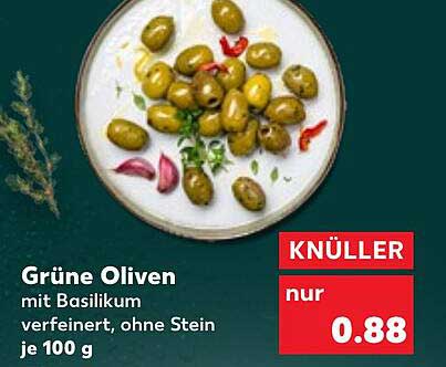 Grüne Oliven mit Basilikum verfeinert, ohne Stein je 100 g