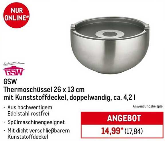 GSW Thermoschüssel 26 x 13 cm mit Kunststoffdeckel, doppelwandig, ca. 4,2 l