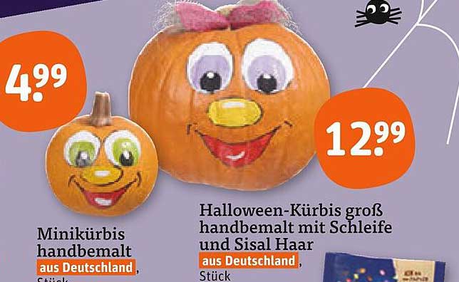 Halloween-Kürbis groß handbemalt mit Schleife und Sisal Haar aus Deutschland, Stück