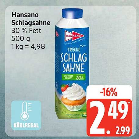 Hansano Schlagsahne 30 % Fett 500 g
