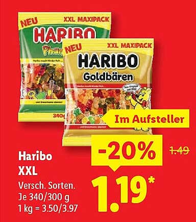 HARIBO XXL - 20% Rabatt auf die beliebten Goldbären und Fruchtschlangen