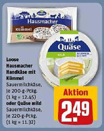 Hausmacher Handkäse mit Kümmel oder Quäse mild, Aktionspreis: 2,49