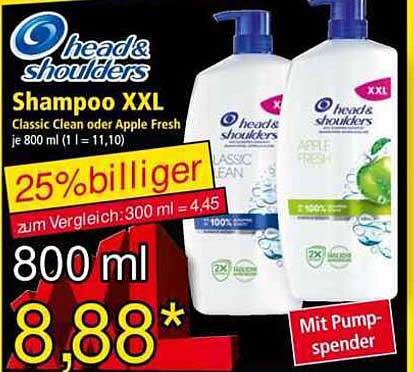 head & shoulders Shampoo XXL Classic Clean oder Apple Fresh 800 ml mit Pumpspender