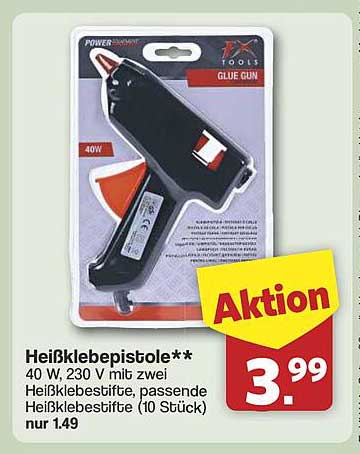 Heißklebepistole 40 W, 230 V mit zwei Heißklebestiften (10 Stück) für nur 3,99 €