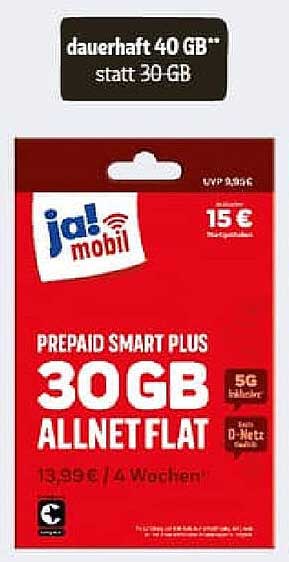 ja! mobil Prepaid Smart Plus 30GB Allnet Flat für 15 €