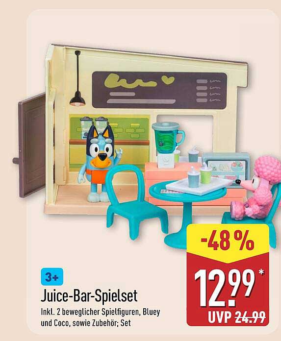Juice-Bar-Spielset inkl. 2 beweglichen Spielfiguren, Bluey und Coco, sowie Zubehör; Set
