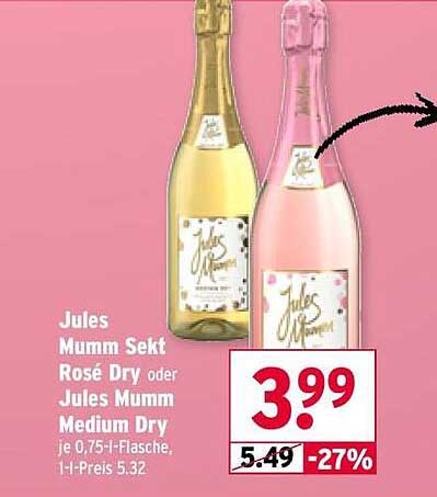 Jules Mumm Sekt Rosé Dry oder Jules Mumm Medium Dry