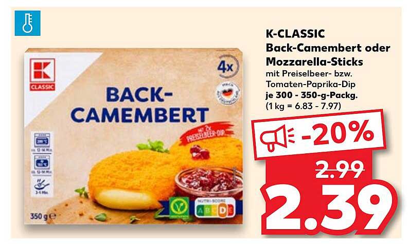 K-CLASSIC Back-Camembert oder Mozzarella-Sticks mit Preiselbeer- bzw. Tomaten-Paprika-Dip