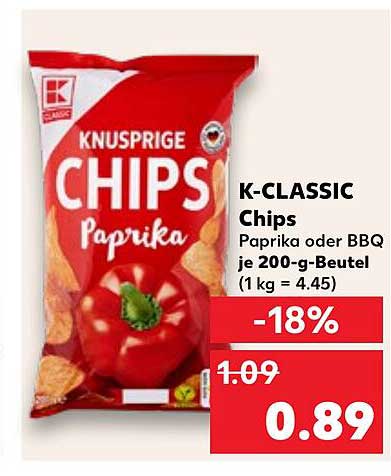 K-CLASSIC Chips Paprika oder BBQ je 200-g-Beutel