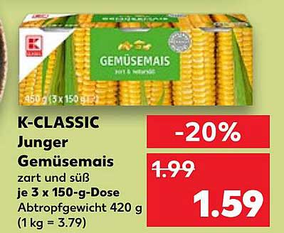 K-CLASSIC Junger Gemüsemais 3 x 150-g-Dose
