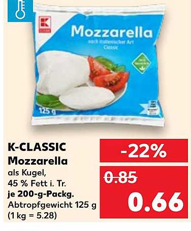 K-CLASSIC Mozzarella als Kugel, 45% Fett i. Tr., 125 g