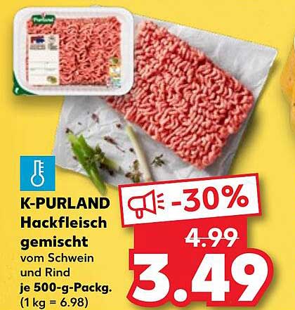 K-PURLAND Hackfleisch gemischt vom Schwein und Rind je 500-g-Pack.