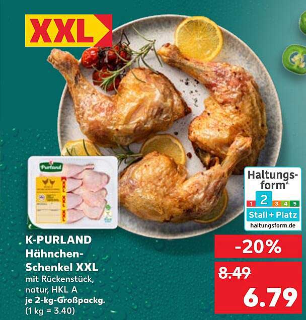 K-PURLAND Hähnchen-Schenkel XXL mit Rückenstück, natur, HKL A je 2-kg-Großpackung