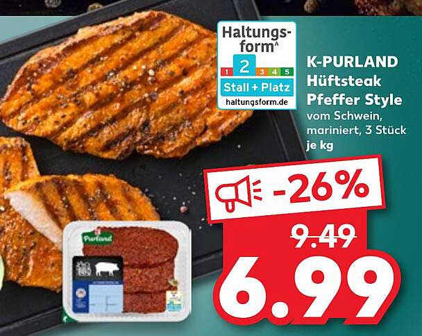 K-PURLAND Hüftsteak Pfeffer Style vom Schwein, mariniert, 3 Stück je kg