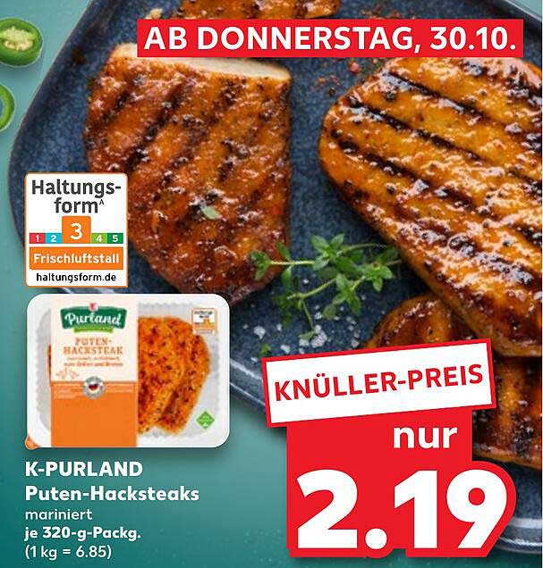K-PURLAND Puten-Hacksteaks, mariniert, je 320-g-Pack.