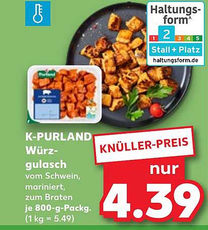 K-PURLAND Würzgulasch vom Schwein, mariniert, zum Braten je 800-g-Pack.