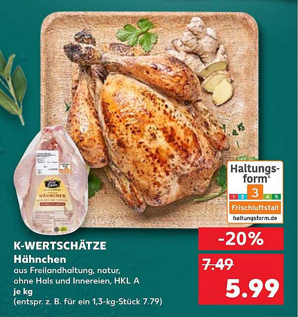 K-WERTSCHÄTZE Hähnchen aus Freilandhaltung, natur, ohne Hals und Innereien, HKL A je kg