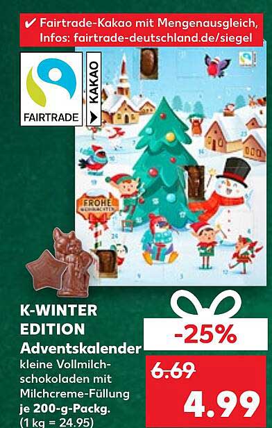 K-WINTER EDITION Adventskalender kleine Vollmilchschokoladen mit Milchcreme-Füllung je 200-g-Pack.