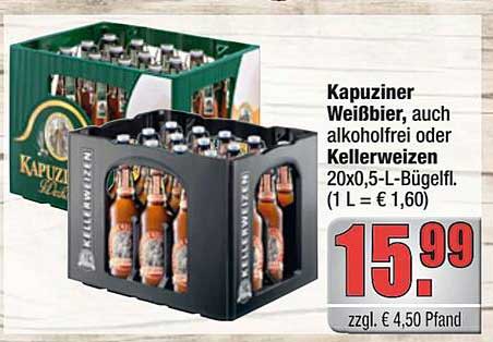 Kapuziner Weißbier, auch alkoholfrei oder Kellerweizen 20x0,5-L-Bügelfl.