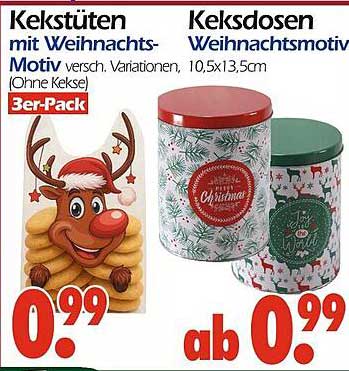 Kekstüten mit Weihnachts-Motiv und Keksdosen mit Weihnachtsmotiv