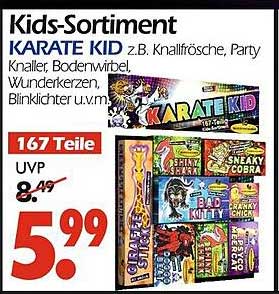 Kids-Sortiment KARATE KID z.B. Knallfrösche, Party Knaller, Bodenwirbel, Wunderkerzen, Blinklichter u.v.m.
