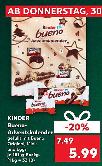 KINDER Bueno-Adventskalender gefüllt mit Bueno Original, Minis und Eggs
