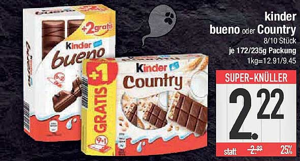 kinder bueno oder Country, 8/10 Stück je 172/235g Packung