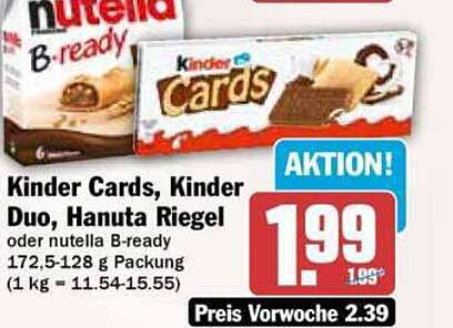 Kinder Cards, Kinder Duo, Hanuta Riegel oder nutella B-ready 172,5-128 g Packung