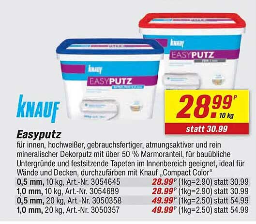 Knauf Easyputz 10 kg - jetzt nur 28,99 € statt 30,99 €