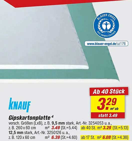 Knauf Gipskartonplatte 9,5 mm - Ab 3,29 € pro m² statt 3,49 €