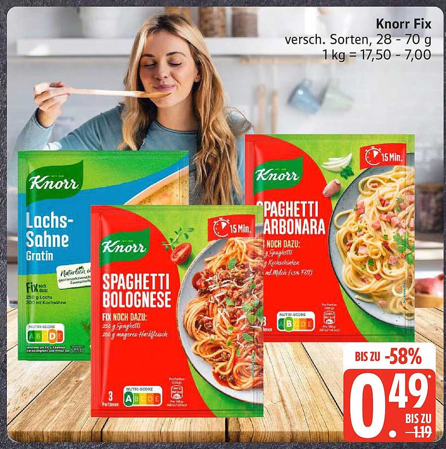 Knorr Fix für Lachs-Sahne Gratin, Spaghetti Bolognese und Spaghetti Carbonara