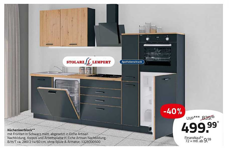 Küchenblock in Schwarz matt mit Eiche Artisan Nachbildung - jetzt zum Sparpreis!