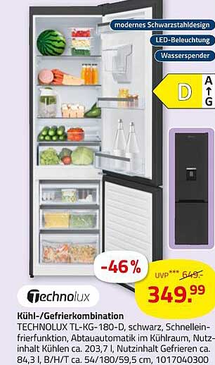 Kühl-/Gefrierkombination TECHNOLUX TL-KG-180-D, schwarz, mit Wasser-Spender