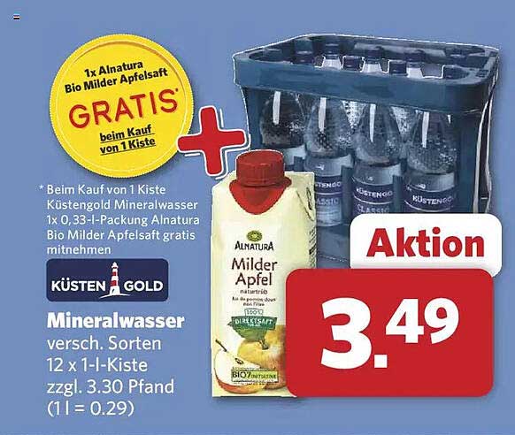 KüstenGold Mineralwasser 12 x 1-l-Kiste + GRATIS Alnatura Bio Milde Apfelsaft