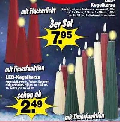 LED Kegelkerze 3er Set mit Timerfunktion und Flackerlicht