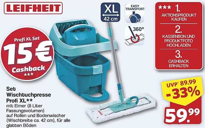 Leifheit Profi XL Set – Wischbuchpresse mit Eimer und Bodenwischer