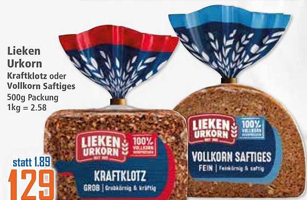Lieken Urkorn Kraftklotz oder Vollkorn Saftiges 500g Packung